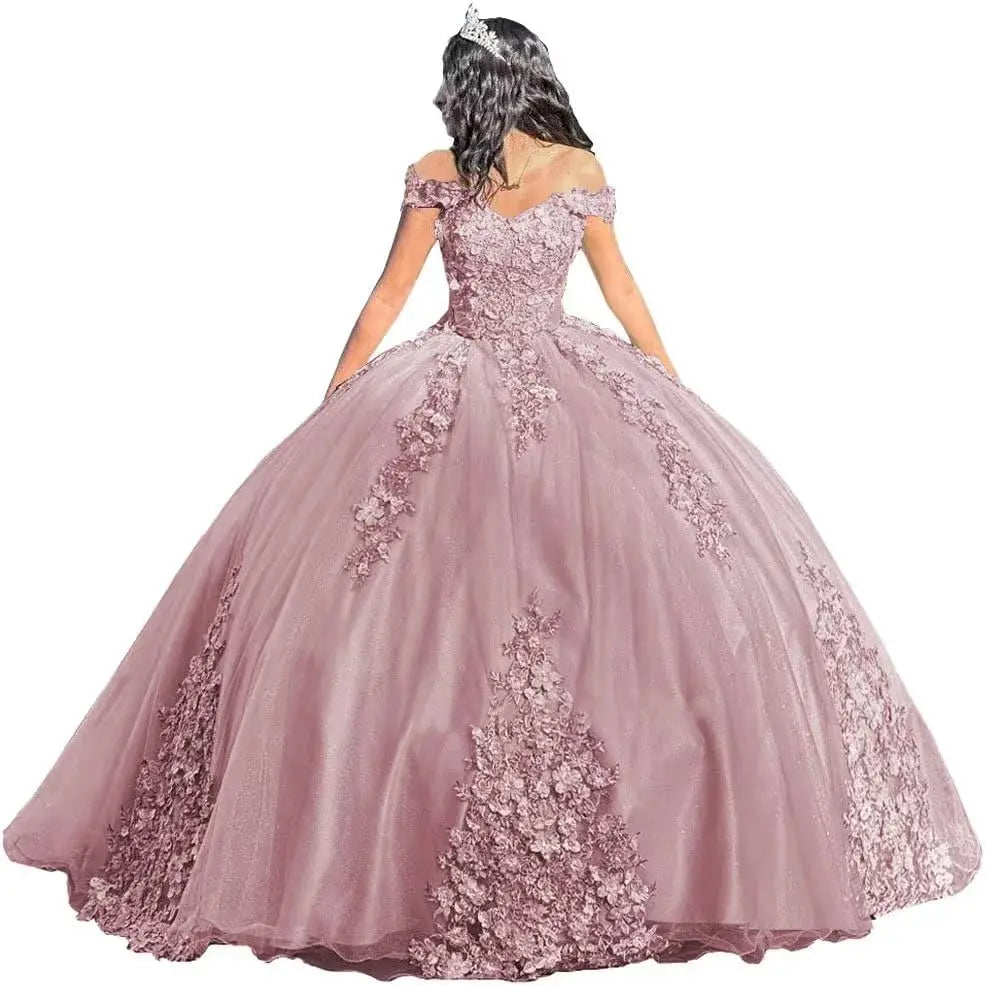 Luxury Off Shoulder Quinceanera Dresses Puffy Floral Lace Beaded Prom Dresses Sweet 15 16 Ball Gown with Train Quinceanera Gowns