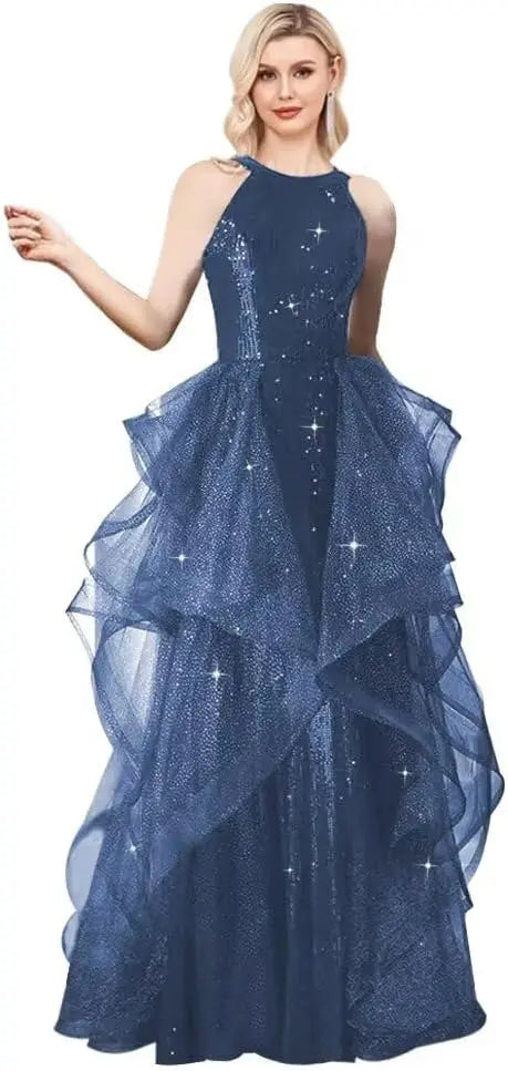 Vestidos de fiesta con lentejuelas y cuello halter, hechos a medida, con capa, 2025, de tul brillante, con abertura en forma de A, para boda, noche y fiesta. 