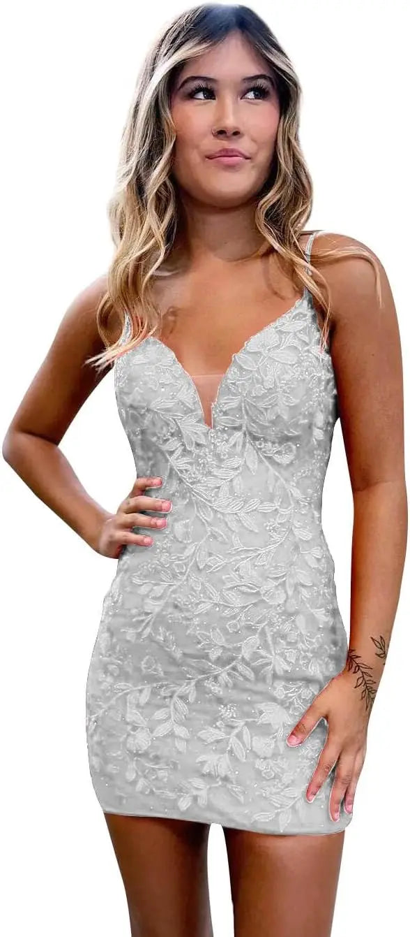 Etuikleid für Teenager mit Spitzenapplikationen, enges, offenes Rückenkleid, kurzes Ballkleid, formelle Abendkleider, Hochzeitsfeier, Cocktailkleid 