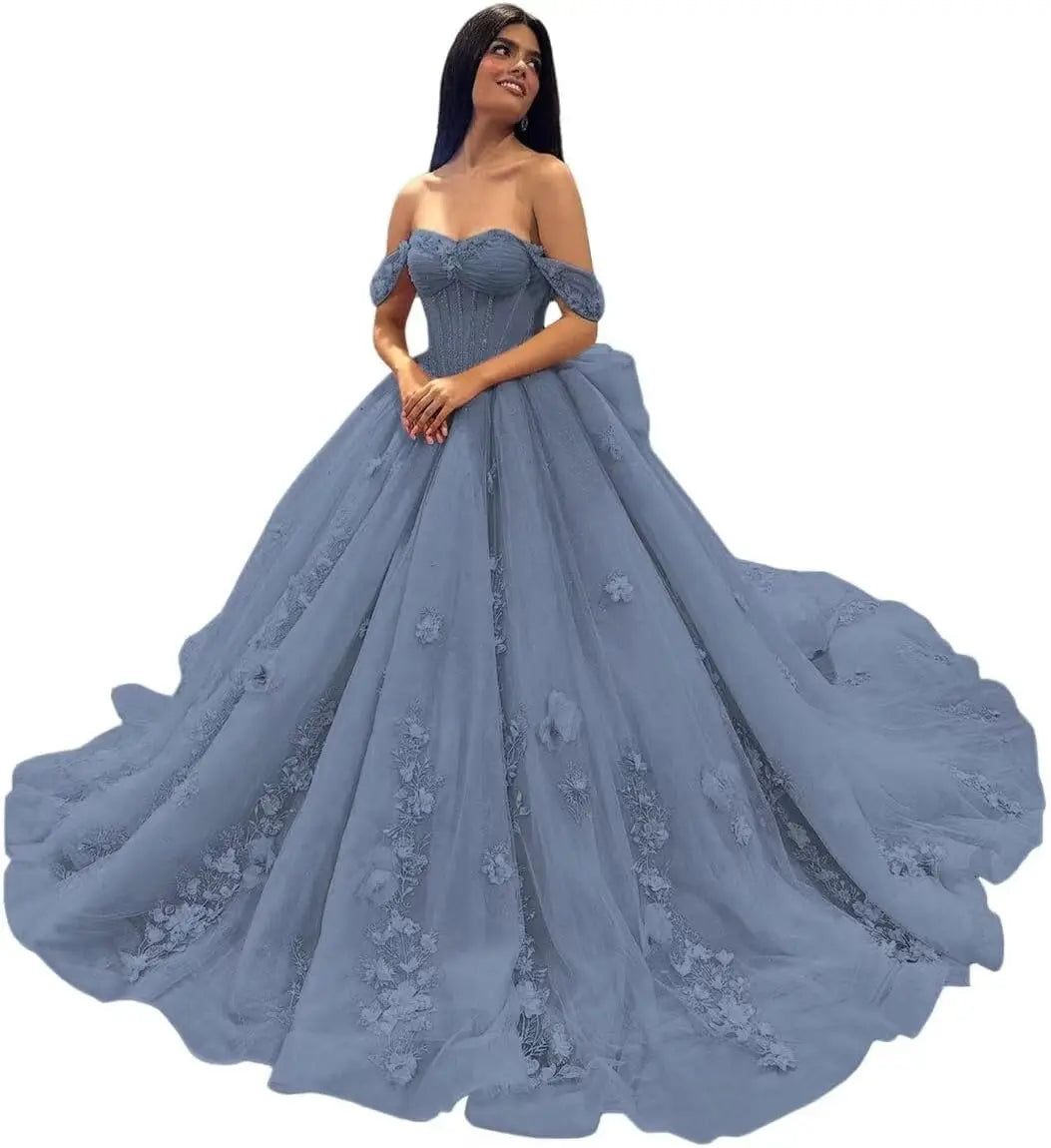 3D Floral Quinceanera Dresses Lace Beaded Party Gowns Off Shoudler Tulle Ball Gown for Sweet 15 16 Dresses