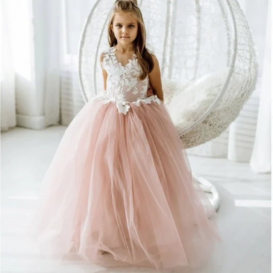 Vestidos de primera comunión para fiesta de cumpleaños, vestidos de niña de las flores, tul rosa polvoriento, apliques blancos con lazo, sin mangas para boda 