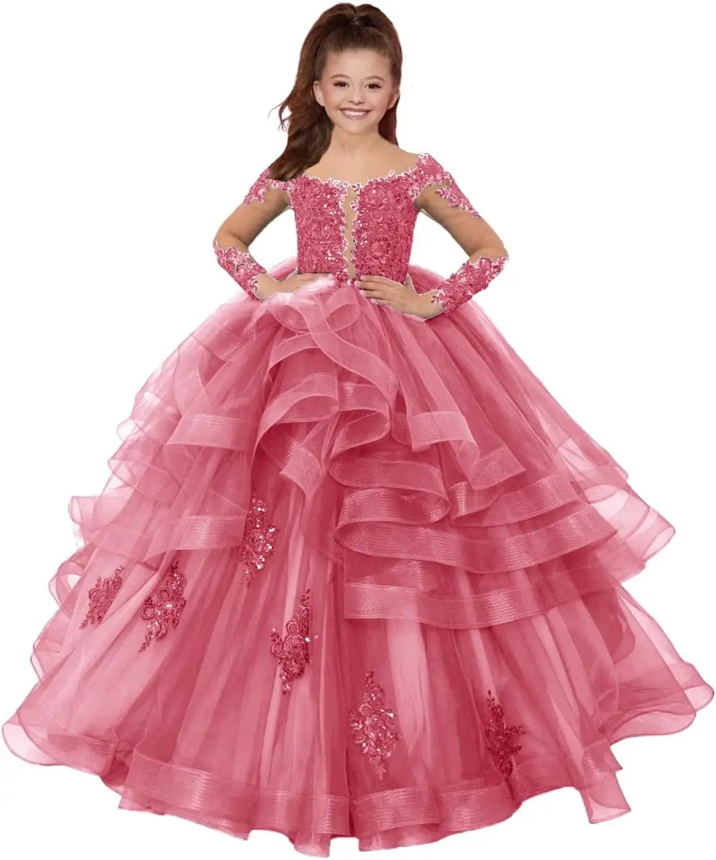 Custom made Princess Long Sleeve Flower Girl Dresses Appliques Ruffles Tulle Pageant Dresses for Girls Kids Party Ball Gowns