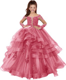 Custom made Princess Long Sleeve Flower Girl Dresses Appliques Ruffles Tulle Pageant Dresses for Girls Kids Party Ball Gowns