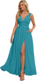 Vestidos de dama de honor con abertura y escote en V, vestidos de fiesta, línea A, plisados, para invitada de boda con bolsillos 