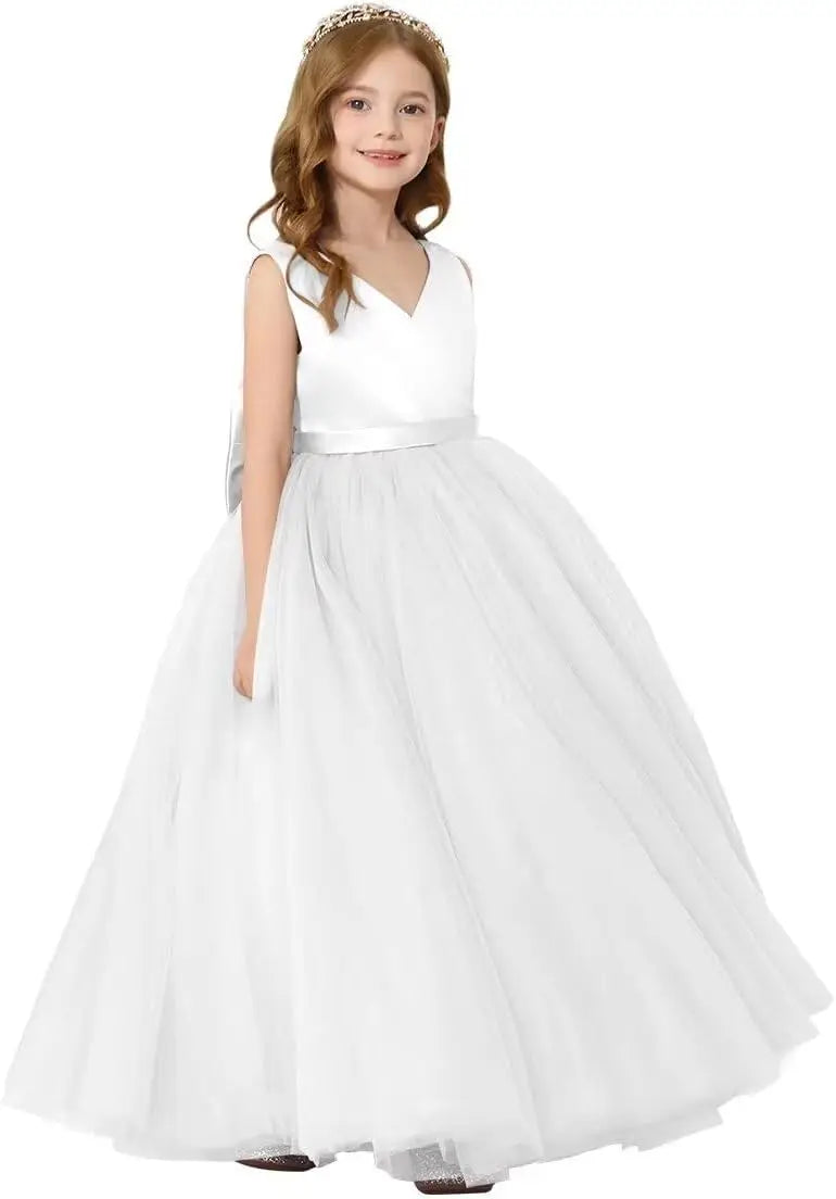 Satin Tulle Flower Girl Tutu Dress for Wedding Formal Holiday First Communion Dress with Bow pageant princess dresses for girls