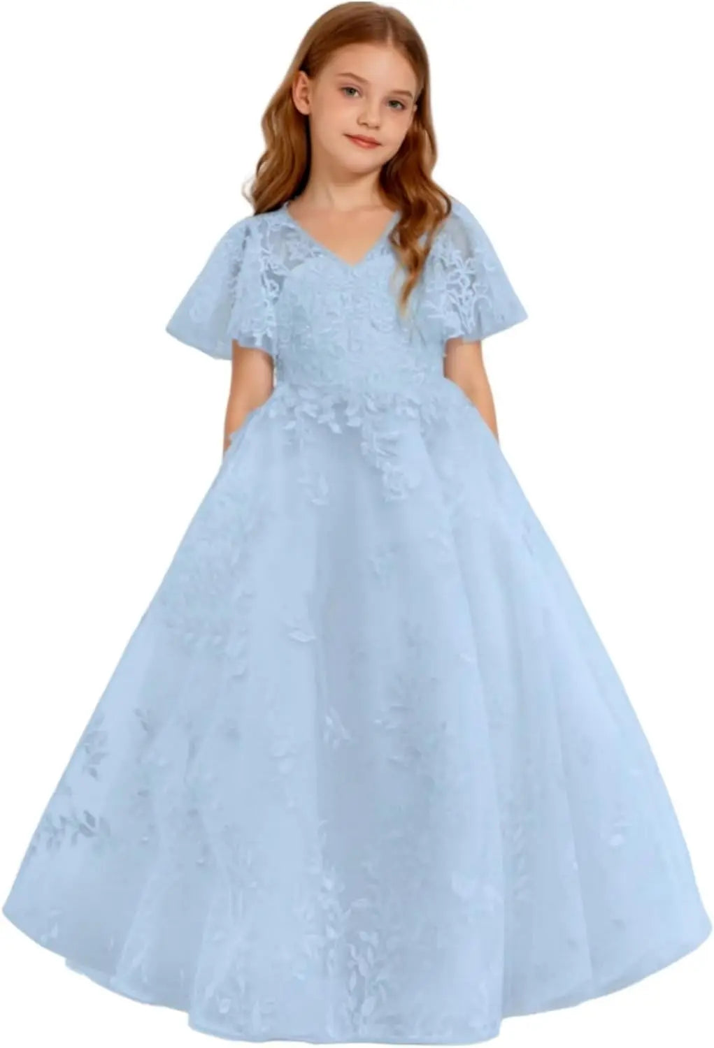 Vestido de primera comunión de encaje con mangas con volantes para niña de las flores, para boda, desfile, vestido de princesa 