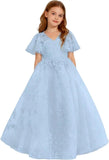 Vestido de primera comunión de encaje con mangas con volantes para niña de las flores, para boda, desfile, vestido de princesa 