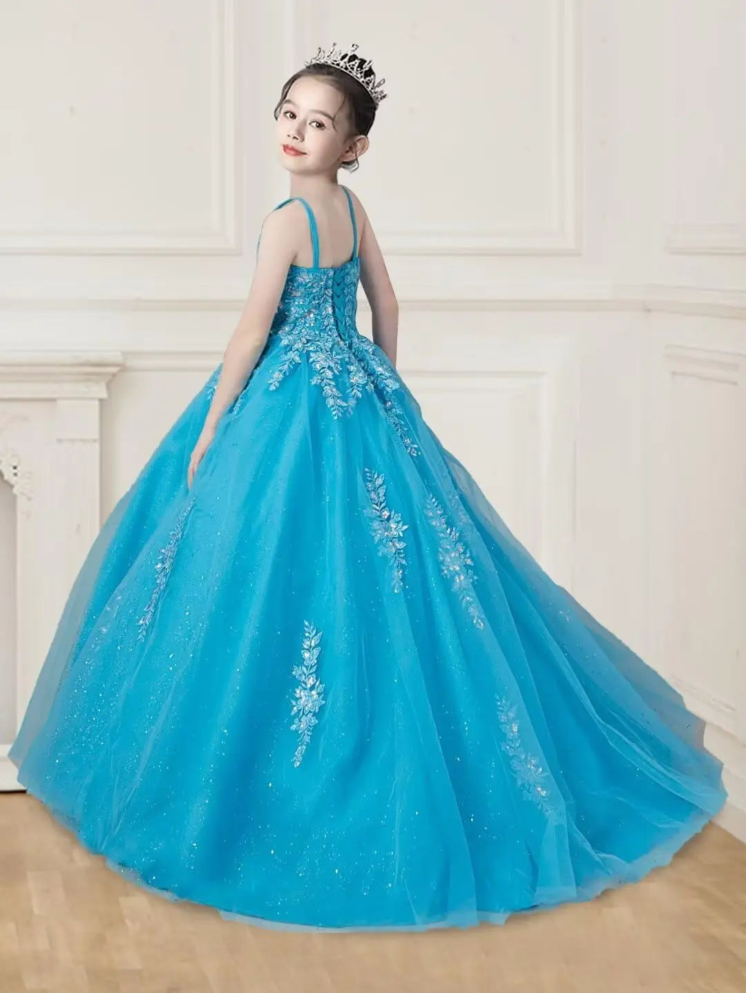 Lace Applique Tulle Pageant Gowns for Girls Ball Gown Flower Girl Dress Princess Toddler Kids Prom Pageant   Dress