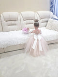 Vestido de niña de flores de tul para fiesta de bodas, vestido de primera comunión, vestido de tutú de encaje con cola, vestido de baile de niña, apliques de marfil con lazos 