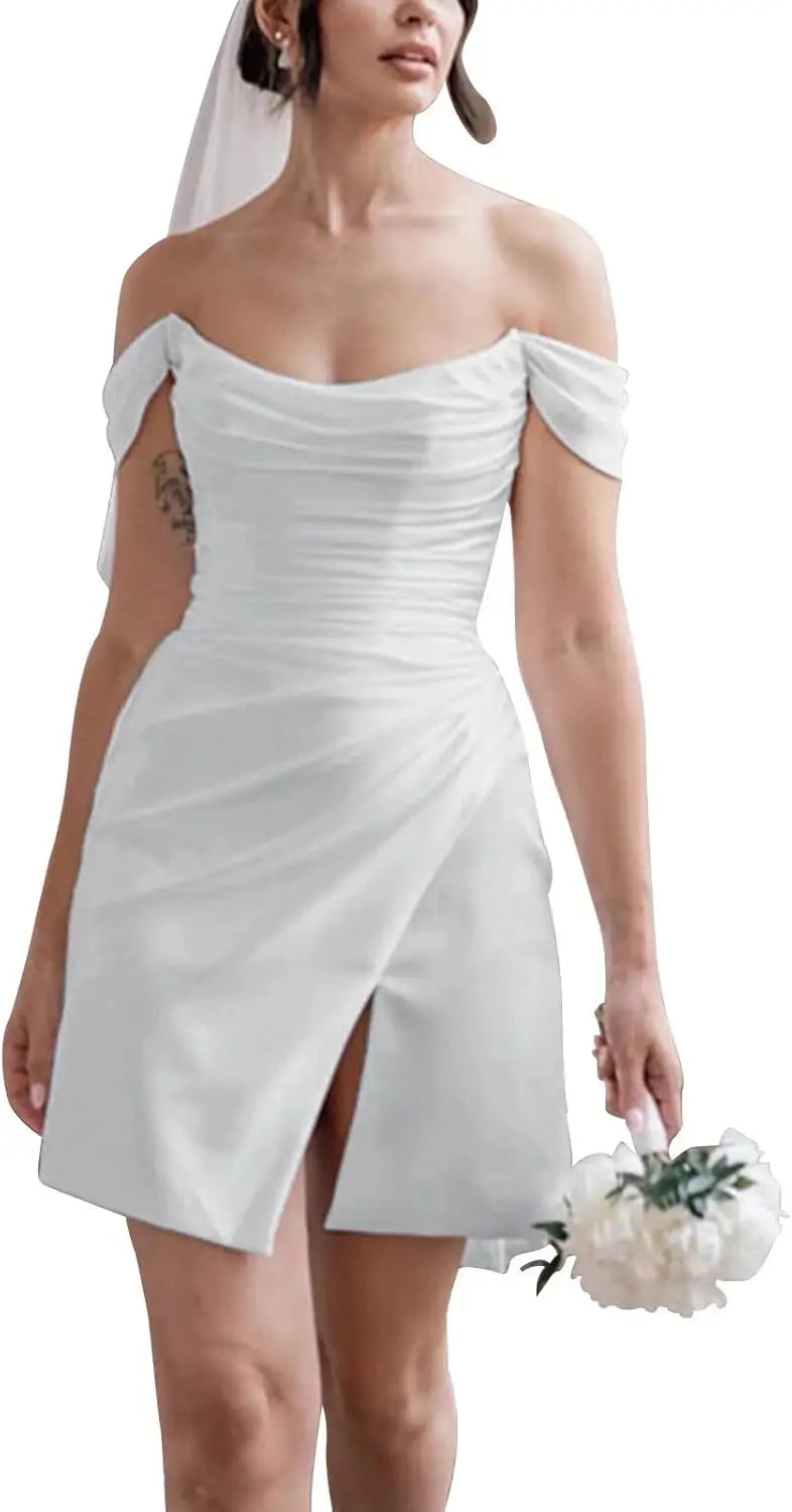 Kurze Brautkleider für die Braut, Strand, Spitzenapplikation, Tüll, trägerlos, Boho-Korsett, Mini-Brautkleid, Satin-Brautkleid mit Ärmeln 