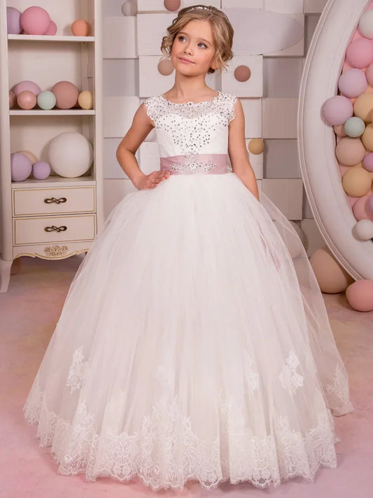 Vestidos de niña de las flores sin mangas con lazo rosa para bodas, cumpleaños, fiestas, banquetes, tul blanco, apliques de encaje de diamantes 