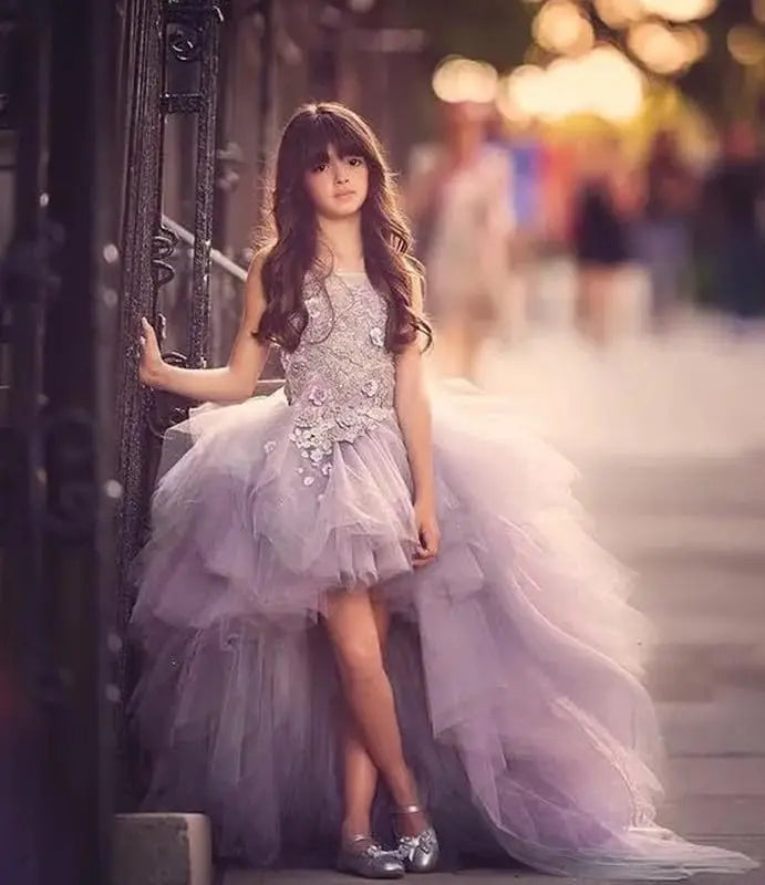 Blumenmädchenkleid für Mädchen, hoch und niedrig, Festzugskleider, gestufte Tüllapplikationen, Prinzessin, formelle Party, Ballkleid, Festzug für Mädchen 