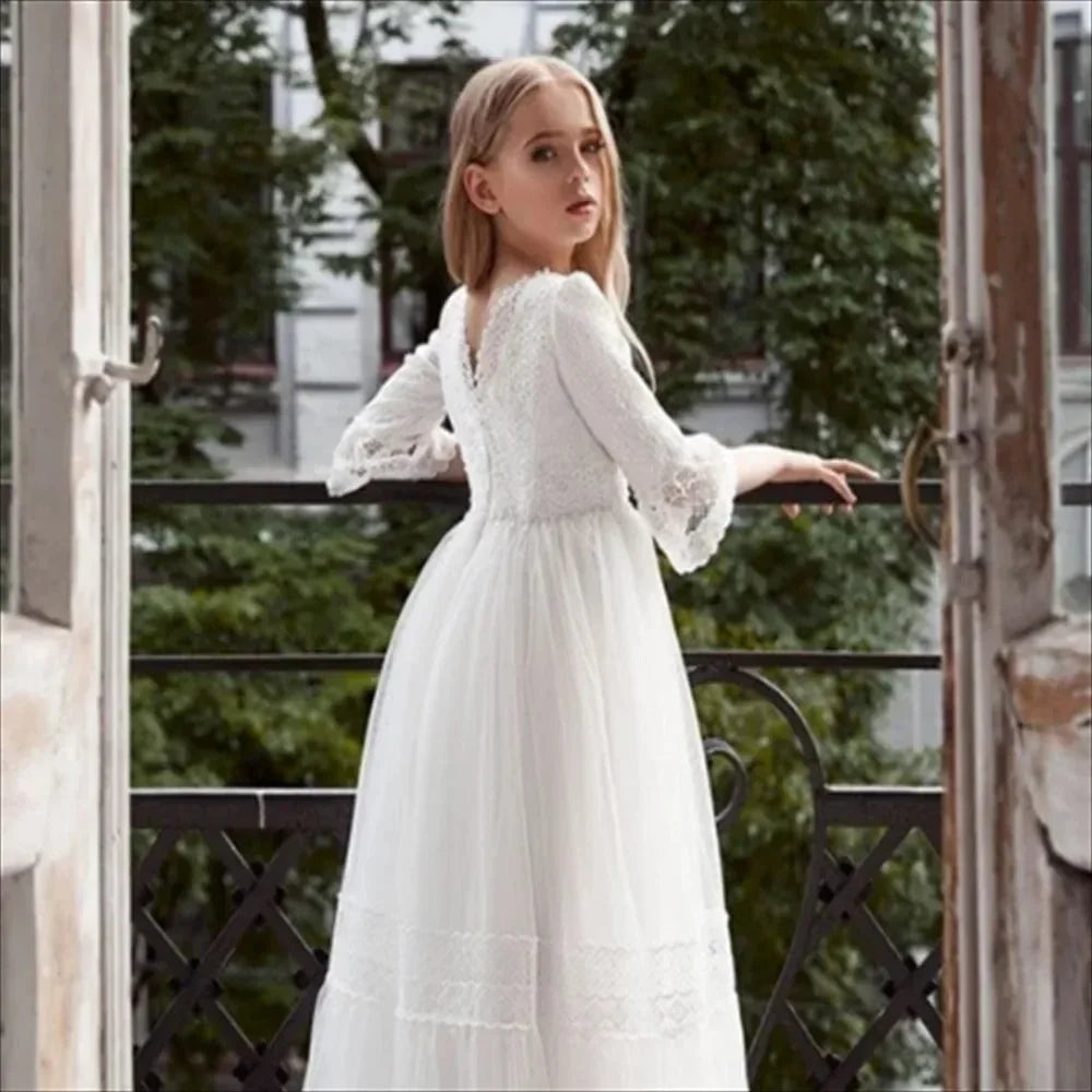 Vestidos de primera comunión para fiesta de cumpleaños, personalizados, blancos, para niña de las flores, para desfile, para boda, con volantes y cuentas. 