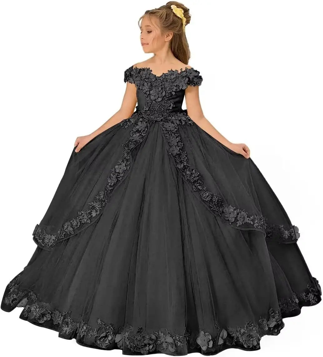Vestido de tul para niña de las flores, para boda, con hombros descubiertos, para desfile, con flores 3D, estilo princesa, para fiesta 