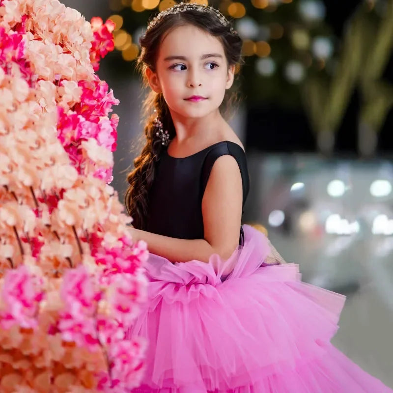 Vestido de princesa de tul negro y rosa con lazo, sin mangas, para bodas, cumpleaños, banquetes, personalizado, para niñas de las flores. 