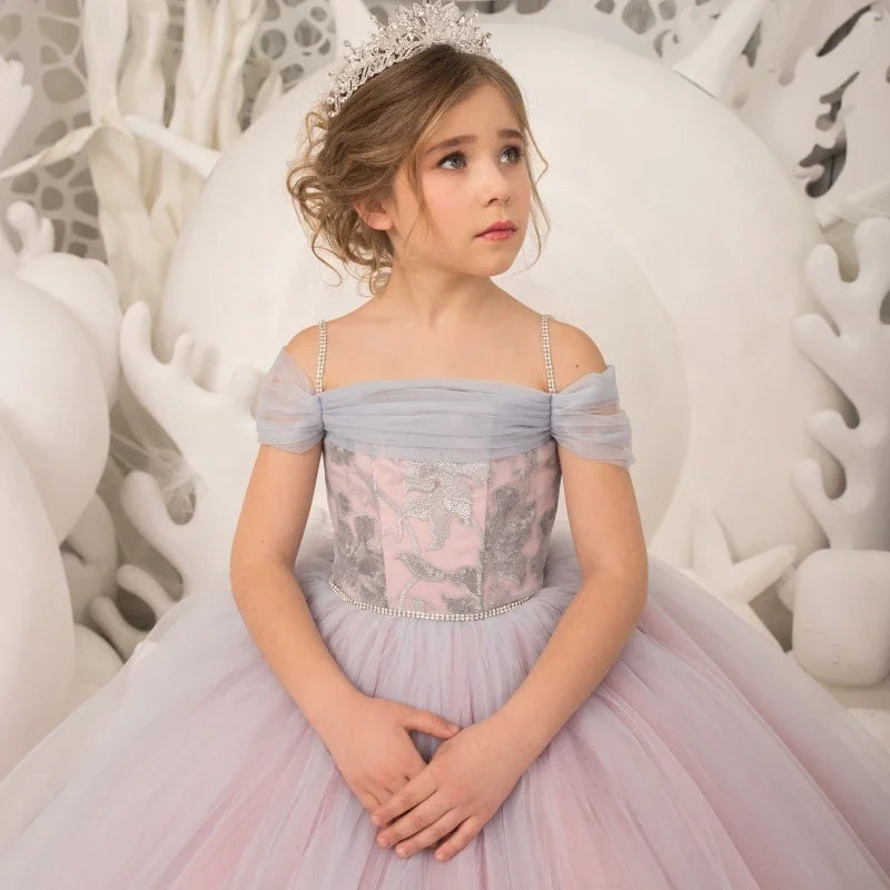 Geburtstagsbankett Prinzessinnenkleider Blumenmädchenkleider Hellviolett Tüll Puffy Mit Gemusterten Applikationen Ärmellos Für Die Hochzeit