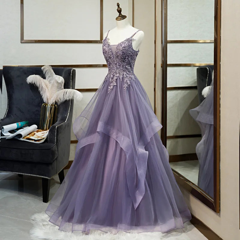 2027 Elegant Club Banquet Purple Strap Prom Dress Vocal Art Exam Senxi Colorful Silk Fairy Air Silk Dress Hosting Evening Dress