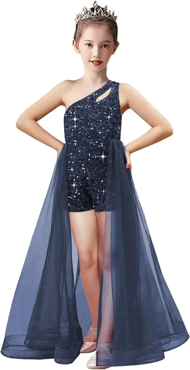 Einschultriges Festzugskleid, Jumpsuits, Blumenmädchenkleid, Pailletten-Mädchen-Ballkleider, Tüll-Strampler, Maxikleid mit Cape, Partykleider 