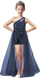 Einschultriges Festzugskleid, Jumpsuits, Blumenmädchenkleid, Pailletten-Mädchen-Ballkleider, Tüll-Strampler, Maxikleid mit Cape, Partykleider 
