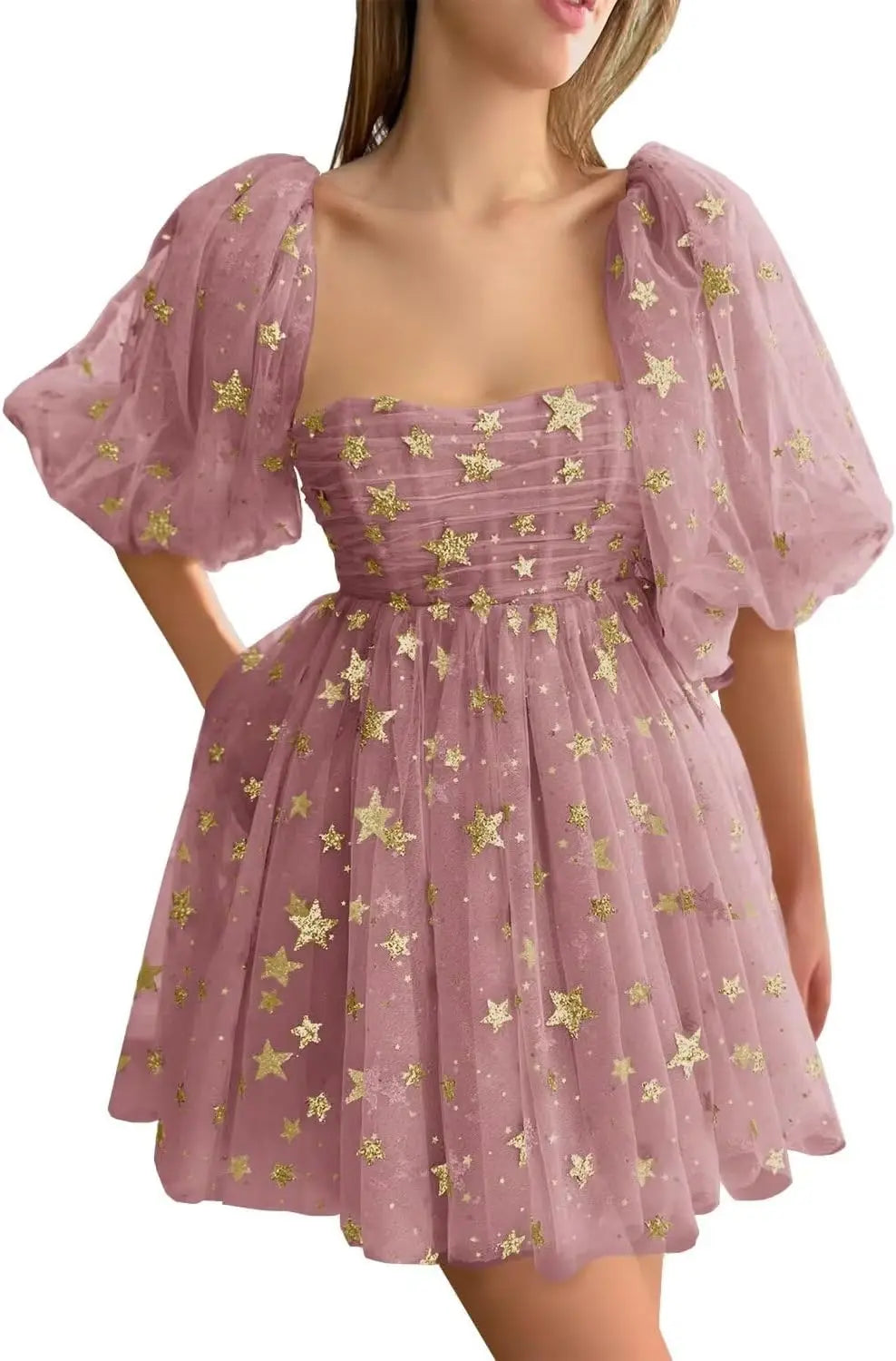 Vestidos de fiesta cortos de tul con estrellas brillantes, hechos a medida, para adolescentes, minivestido de fiesta con estrellas brillantes y mangas abullonadas, vestido formal para club. 