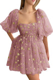 Vestidos de fiesta cortos de tul con estrellas brillantes, hechos a medida, para adolescentes, minivestido de fiesta con estrellas brillantes y mangas abullonadas, vestido formal para club. 