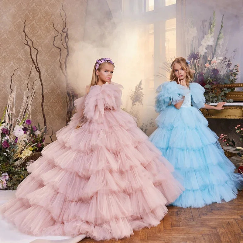 Pink Tulle Puffy Cake With Sequins Short Sleeve For Wedding Birthday Party Banquet Princess Gowns Customized Flower Girl Dresses