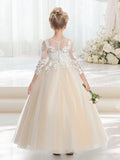 Elegantes Blumenmädchenkleid aus Tüll in A-Linie mit Applikationen, Erstkommunionkleider mit Ärmeln, Festzugs-Prinzessinnen-Partykleider 