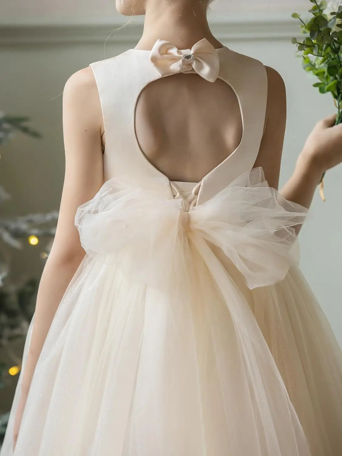 Flower Girl Dresses for Wedding Puffy Satin Tulle Princess Pageant Dress for Girls Crew Neck Tulle Bow Prom Ball Gowns