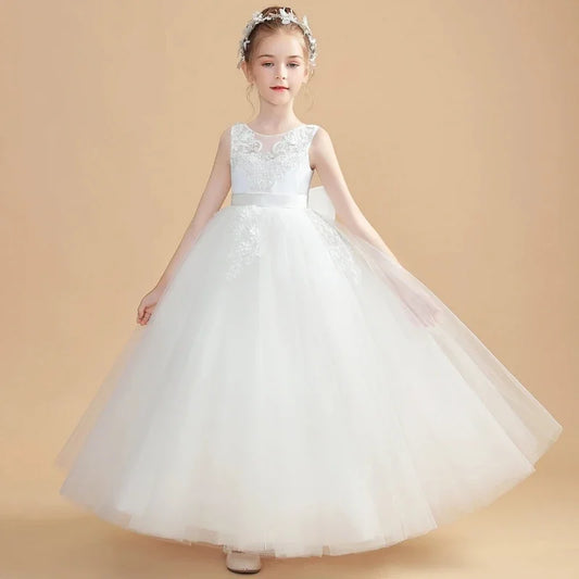 Puffy Flory With Big Bow Sleeveless For Wedding Birthday Party Holy Communion Gowns Flower Girl Dresses White Tulle