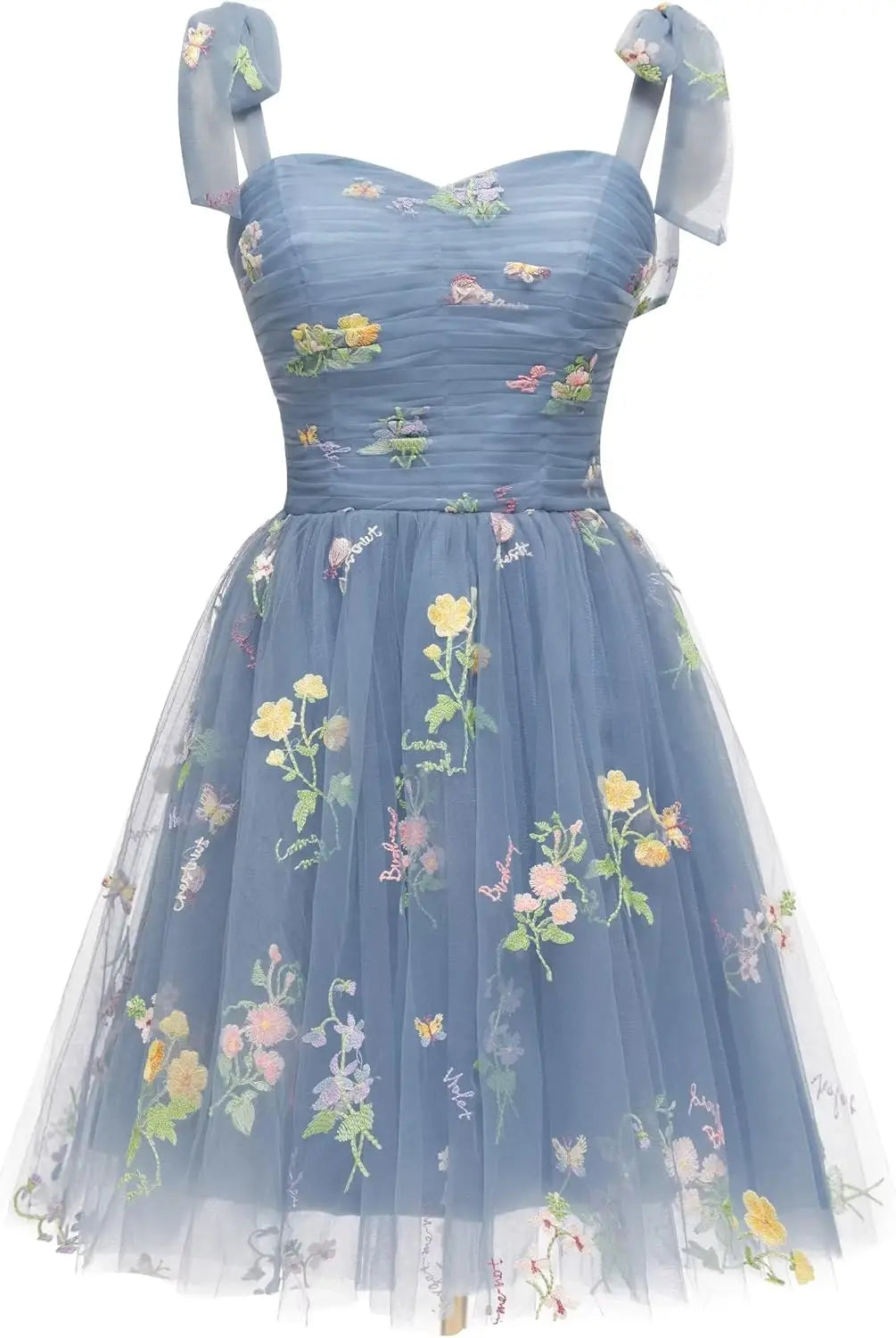 Vestidos cortos de fiesta para adolescentes con bordado de flores, tul, tirantes finos, largo hasta la rodilla, con margaritas y estampado floral. 
