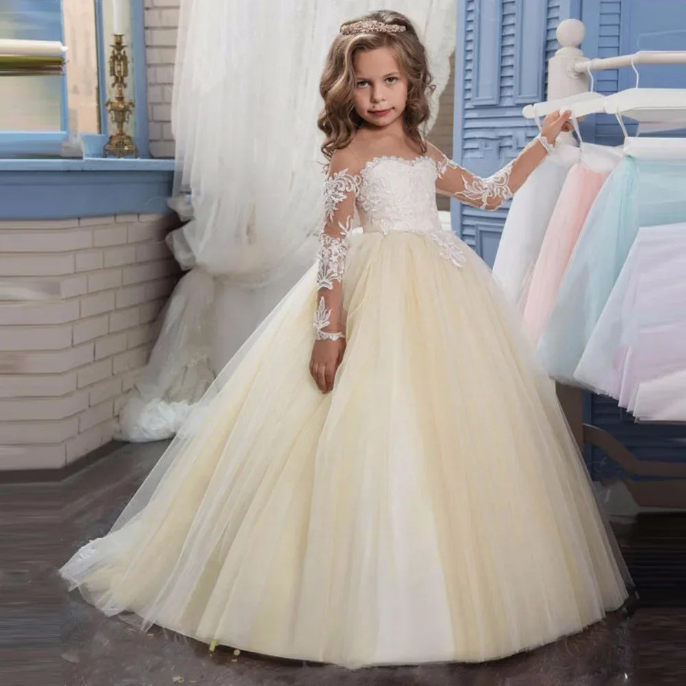 Vestido de tul rosa claro con apliques blancos y manga larga para boda, fiesta de cumpleaños, comunión, personalizado, para niña de las flores 