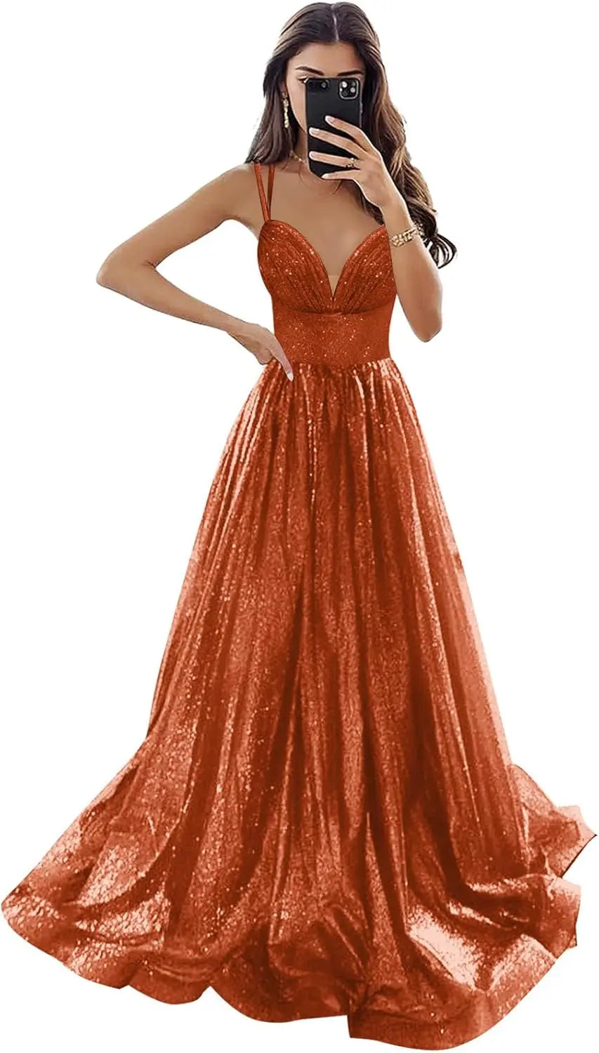 Vestido de fiesta de tul brillante con bolsillos, tirantes finos, corsé fruncido, largo, formal, para noche, vestidos de fiesta para mujer, noche 