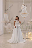 Florales Spitzen-Brautkleid, Satinrock, Korsettkleid mit abnehmbarer Schleife, A-Linie, individuelles Brautkleid, schlichtes Hochzeitskleid 