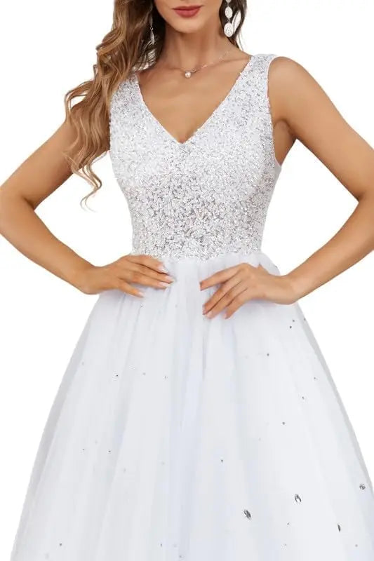 Vestidos de novia de encaje para mujer, tul, escote en V, lentejuelas y cuentas, sencillos, blancos 