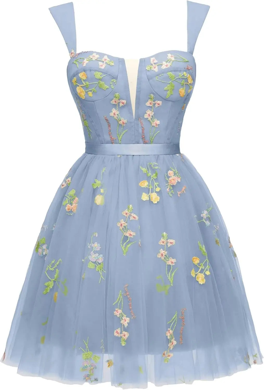 Vestidos cortos de fiesta para adolescentes con bordado de flores, tul, tirantes finos, largo hasta la rodilla, con margaritas y estampado floral. 