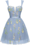 Vestidos cortos de fiesta para adolescentes con bordado de flores, tul, tirantes finos, largo hasta la rodilla, con margaritas y estampado floral. 