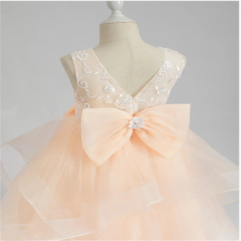 Floor Length First Communion Gowns Tulle Birthday Dance Party Ruffles Flower Girl Dresses for Wedding With Bow Sleeveless