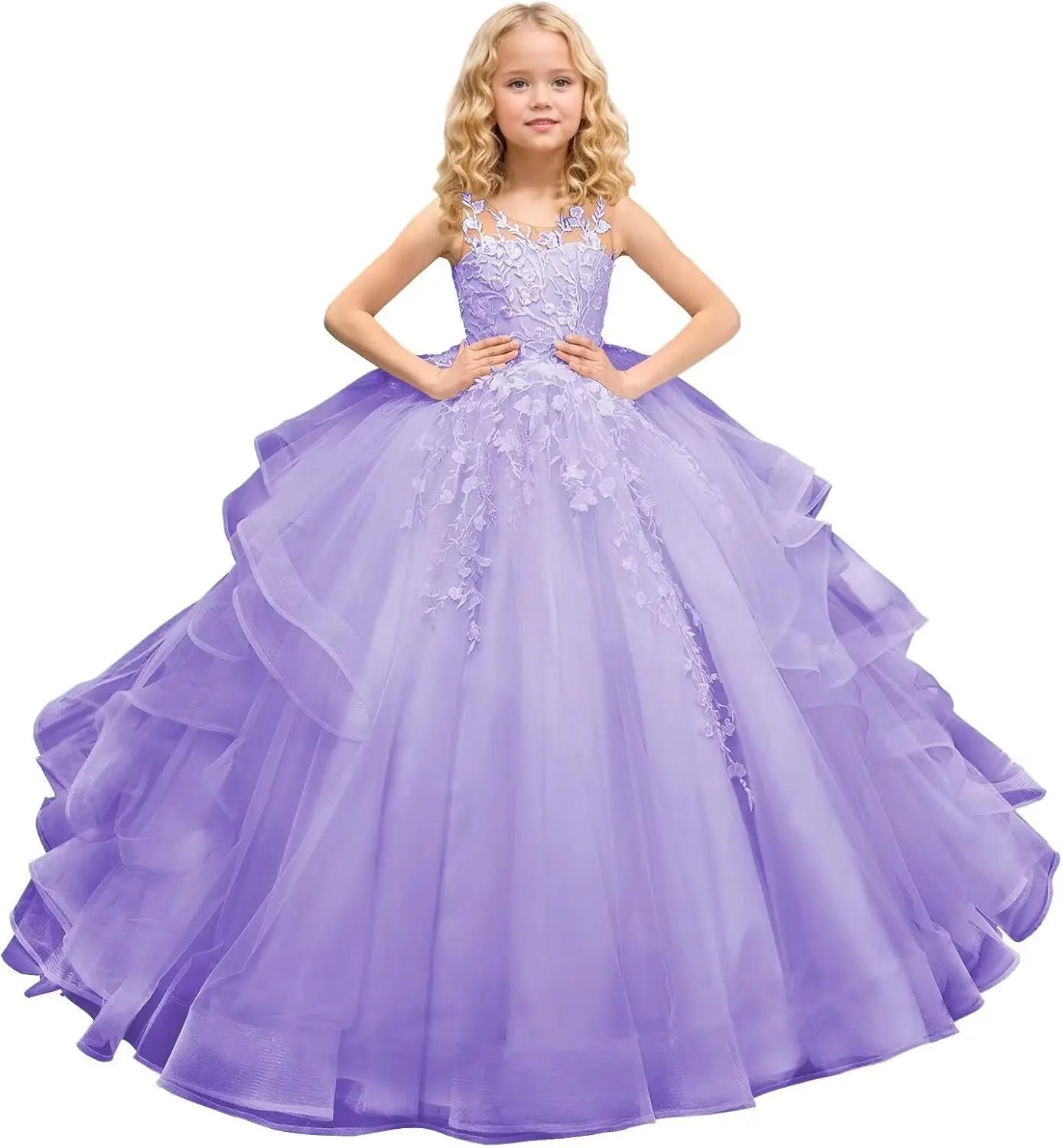 Tüll Prinzessin Ärmellose Festzugskleider Lange Spitze Applique Blumenmädchen Kleid Kinder Geburtstagsparty Ballkleid Festzugskleider 