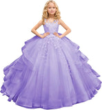 Tüll Prinzessin Ärmellose Festzugskleider Lange Spitze Applique Blumenmädchen Kleid Kinder Geburtstagsparty Ballkleid Festzugskleider 