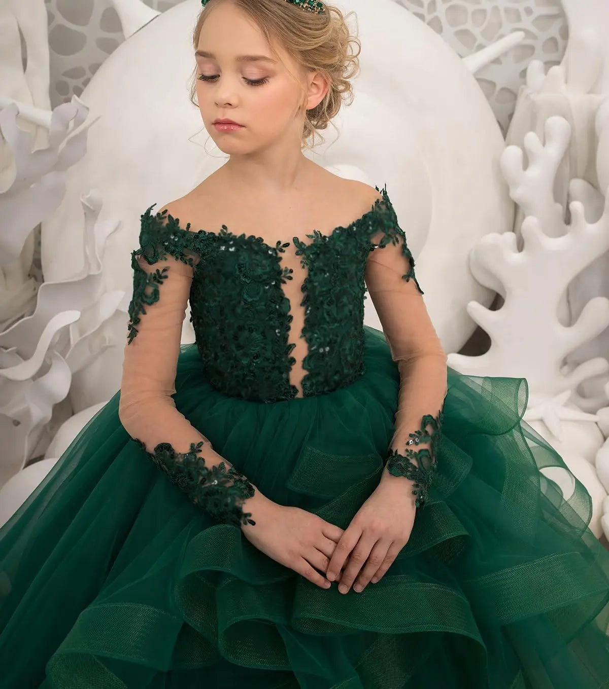 Custom made Princess Long Sleeve Flower Girl Dresses Appliques Ruffles Tulle Pageant Dresses for Girls Kids Party Ball Gowns