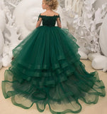 Custom made Princess Long Sleeve Flower Girl Dresses Appliques Ruffles Tulle Pageant Dresses for Girls Kids Party Ball Gowns