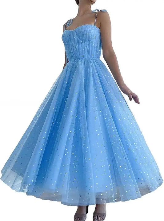 Vestidos de fiesta de tul con estrellas brillantes para mujer, escote corazón, sin mangas, vestidos formales de fiesta de noche, vestido formal elegante para mujer 