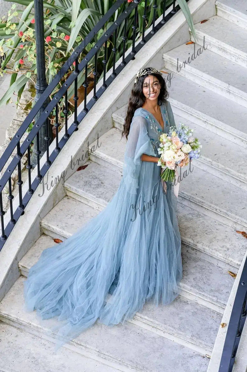 Ethereal wedding dresses Pale dark blue wedding gown Full gown Airy s Ethereal wedding dresses Pale dark blue wedding gown Full gown Airy s