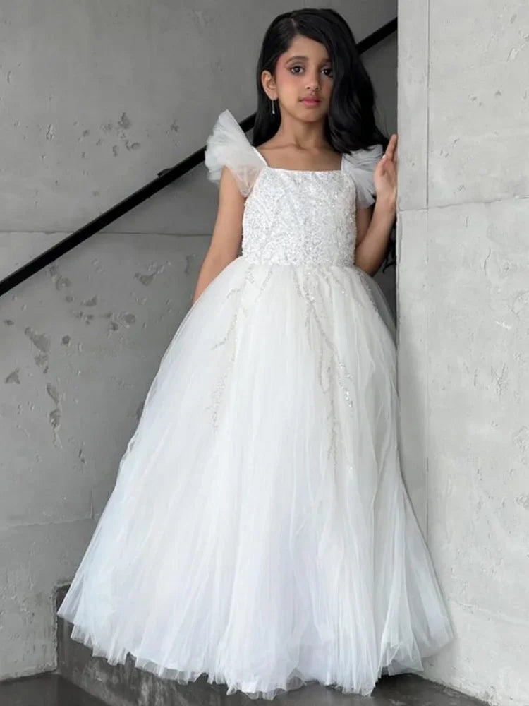 Vestidos de tul blanco con lentejuelas y flores sin mangas para bodas, fiestas de cumpleaños, comuniones y niñas de las flores. 
