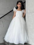 Vestidos de tul blanco con lentejuelas y flores sin mangas para bodas, fiestas de cumpleaños, comuniones y niñas de las flores. 