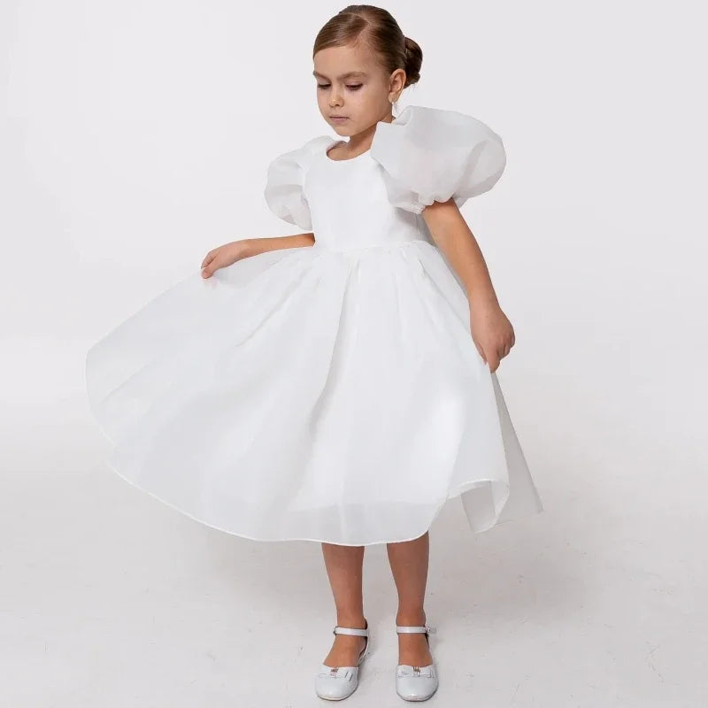 Blauer Tüll mit Schleife, kurze Ärmel, für Hochzeit, Geburtstag, Party, Bankett, Kommunion, Kleider für Blumenmädchen 