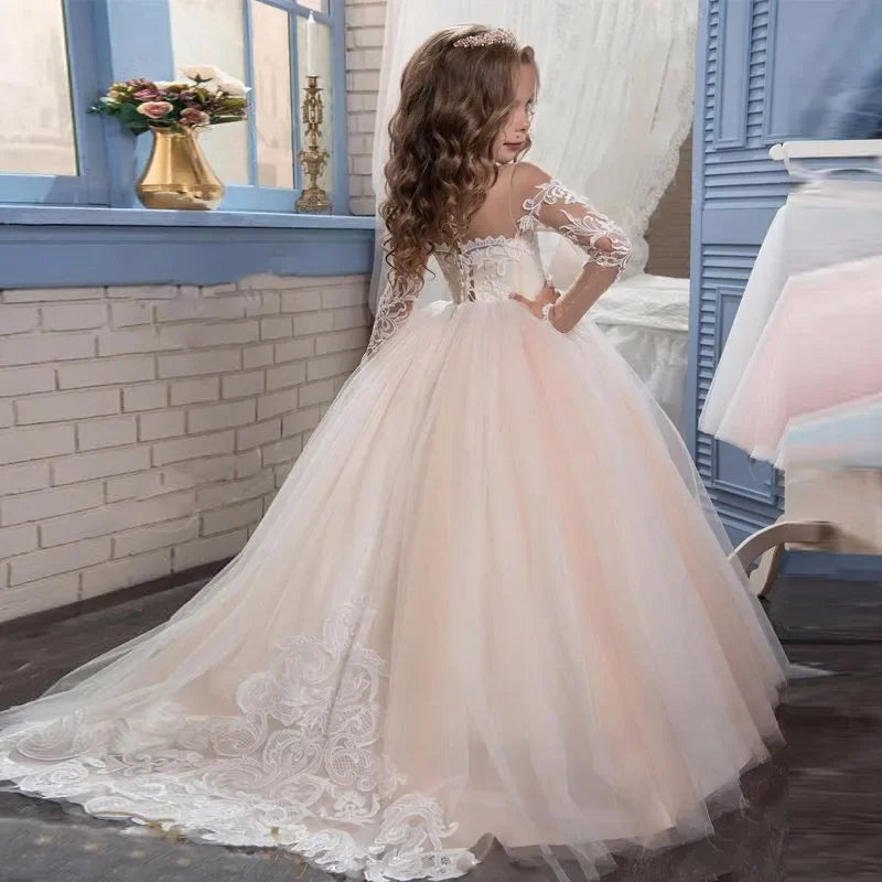 Vestido de tul rosa claro con apliques blancos y manga larga para boda, fiesta de cumpleaños, comunión, personalizado, para niña de las flores 