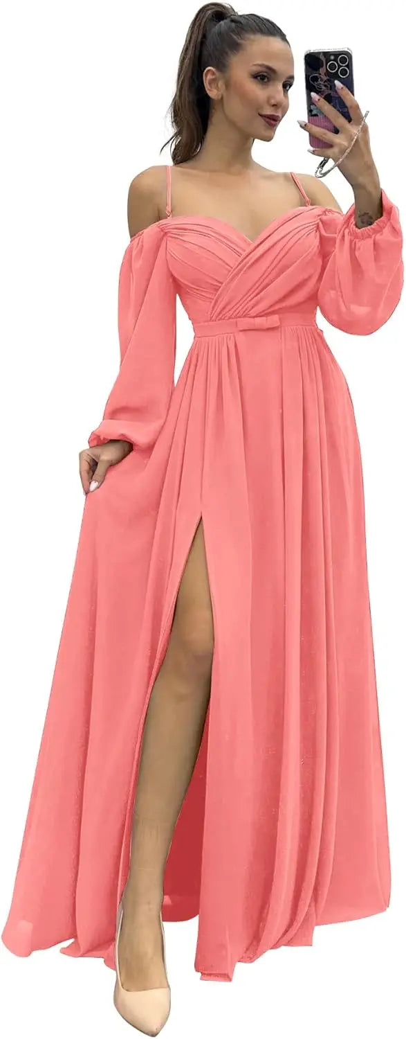 Vestido de dama de honor de manga larga para mujer, con tirantes finos, para invitada de boda, con abertura y bolsillos, vestido formal fruncido. 