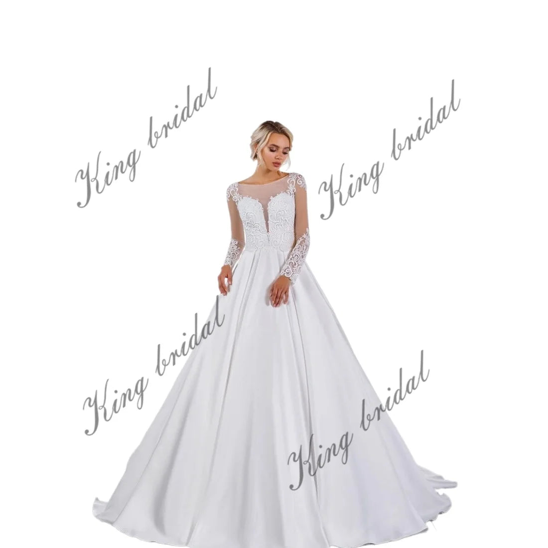 Vestido de novia de satén con encaje y espalda descubierta, blanco, de manga larga, escote en V profundo, personalizado, con apliques de tul y encaje. 
