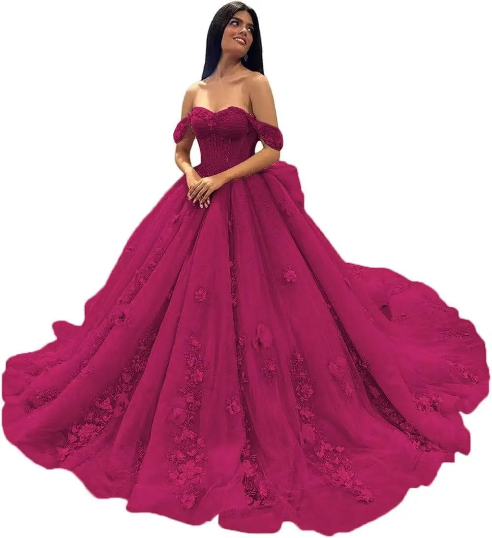 3D Floral Quinceanera Dresses Lace Beaded Party Gowns Off Shoudler Tulle Ball Gown for Sweet 15 16 Dresses